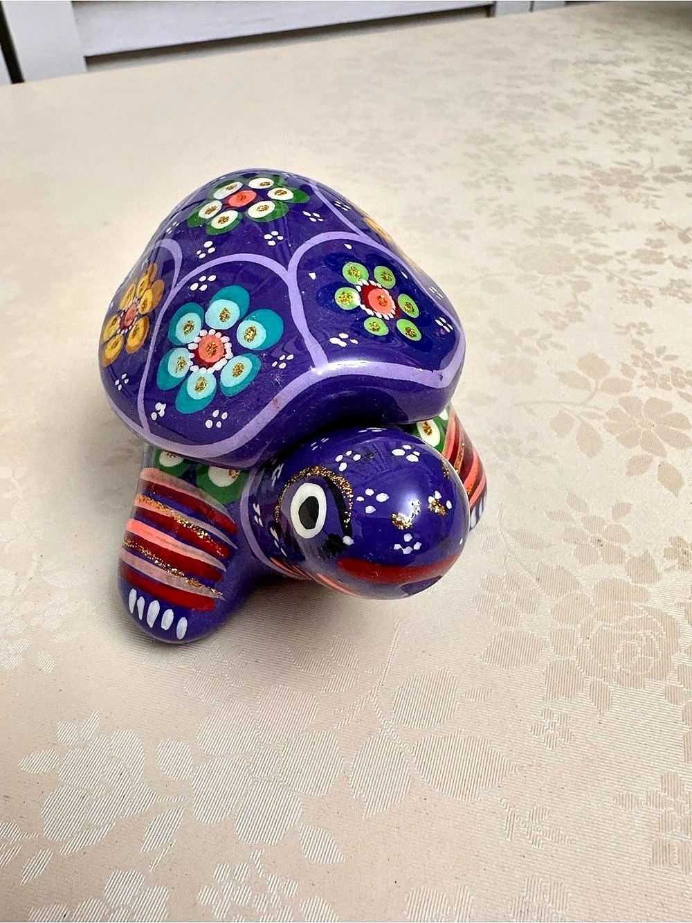 Traditional Mexican Clay Hand-Painted Purple Turtle Trinket Box